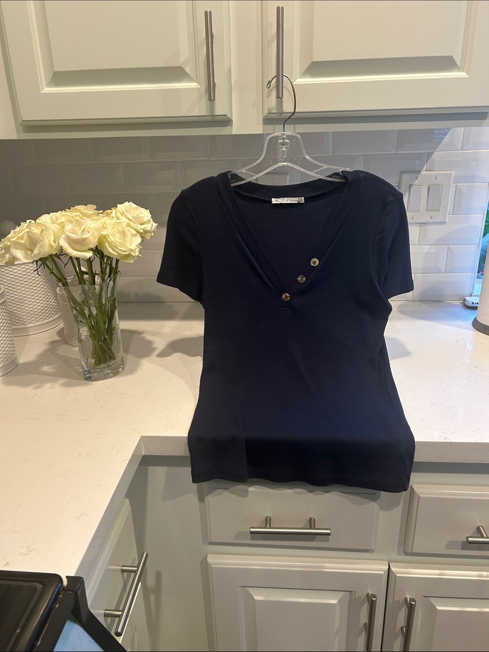 Michael Stars Navy V‑Neck Short Sleeve Top with Button Accent